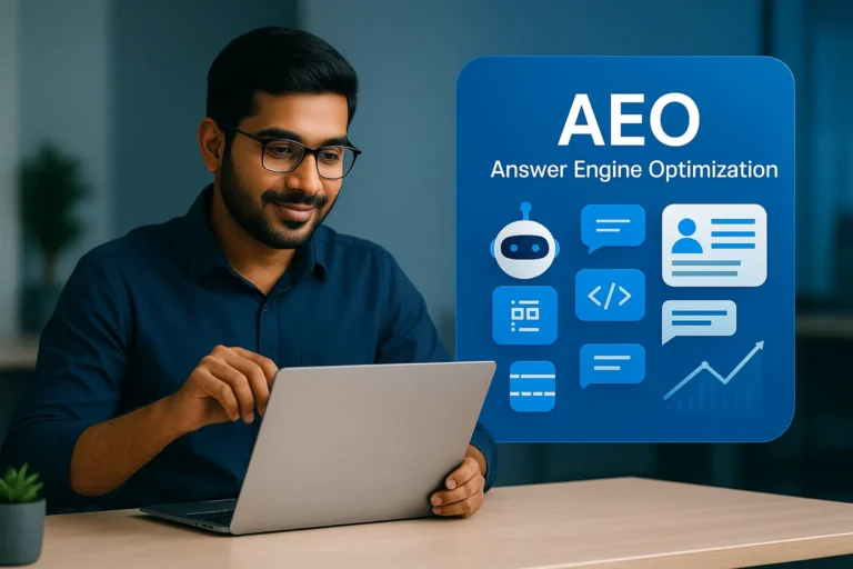 AEO answer engine optimization interface with 3D AI icons in a modern blue digital layout