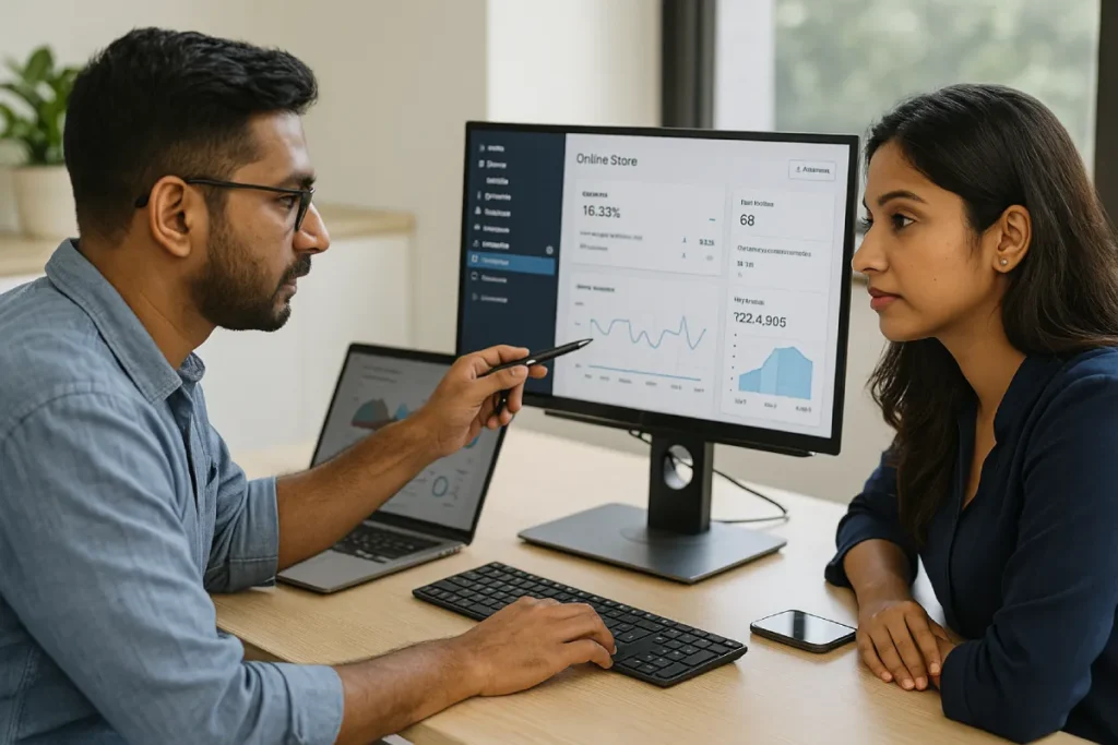  Indian e-commerce professionals analyzing product listings with SEO data.