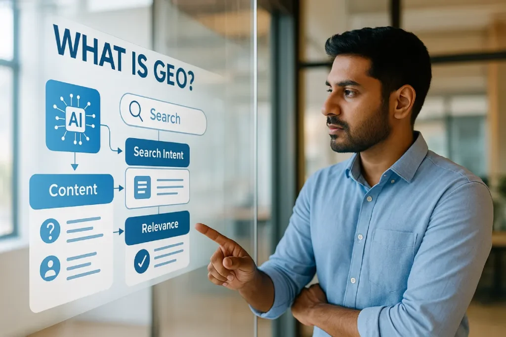 Indian SEO specialist analyzing AI search results explaining what is GEO in digital marketing