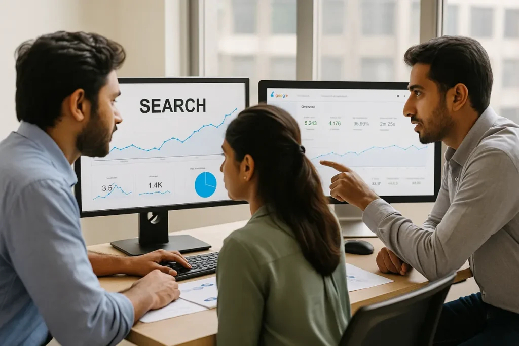 Indian IT experts analyzing search engine optimization data and graphs