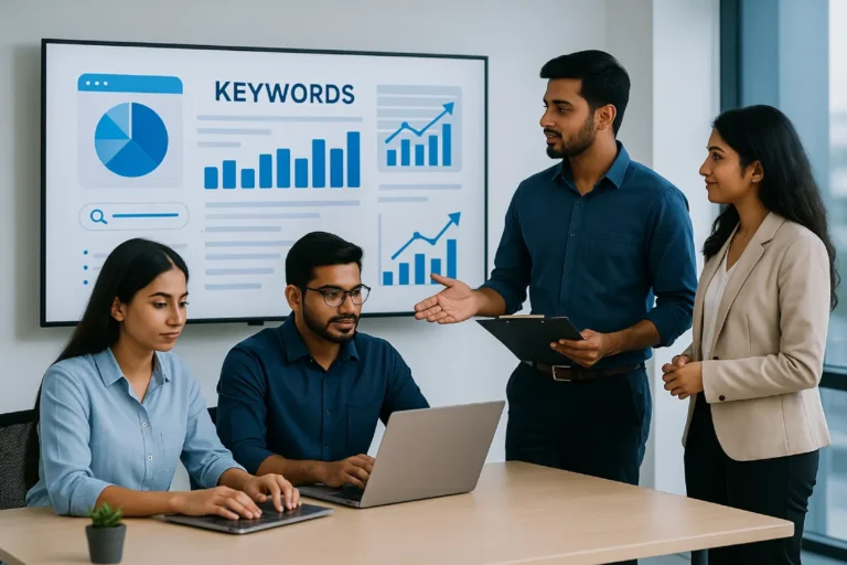 Indian SEO team doing keyword analysis in SEO with charts and laptops