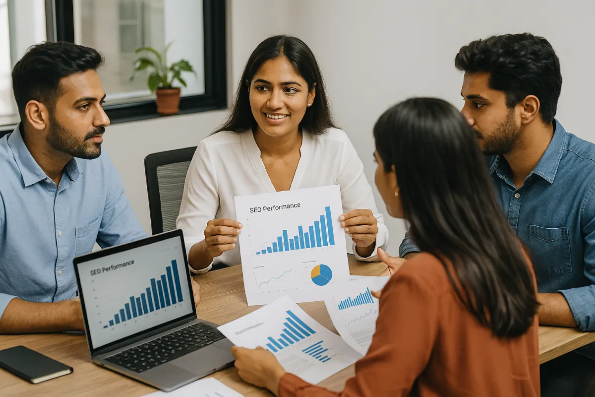 Indian marketers reviewing SEO performance charts showing business growth