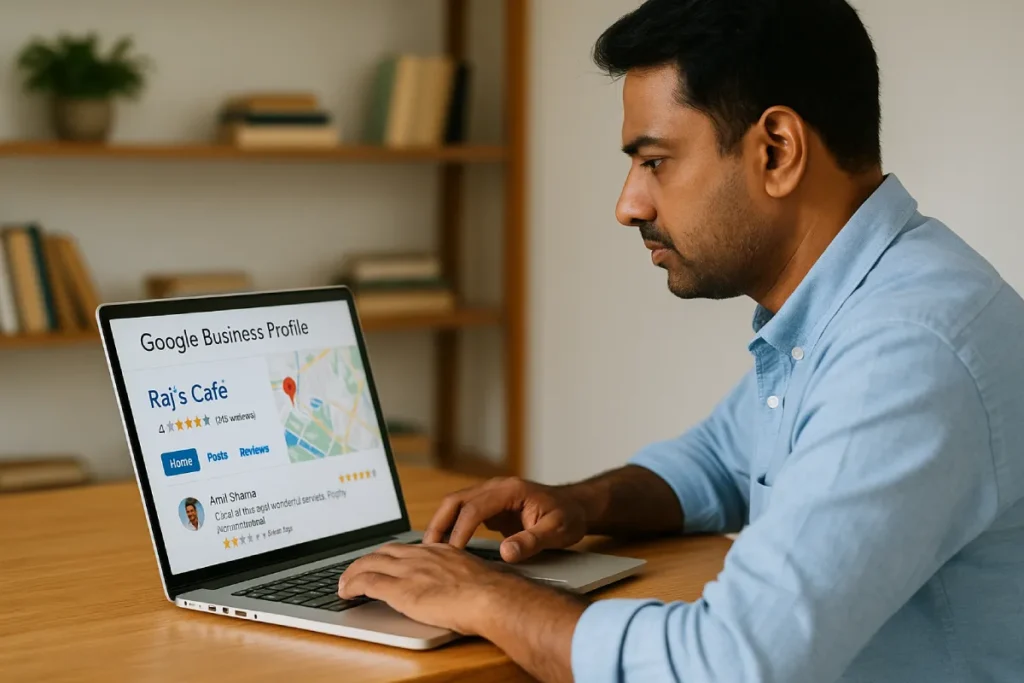 Indian business owner managing Google Business Profile for local SEO.