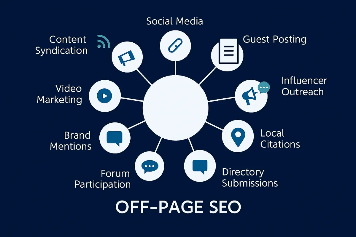 Infographic showing what is off-page SEO with icons for backlinks, guest posting, social media, and brand mentions.