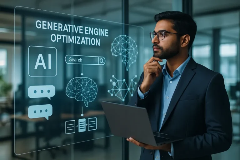 Indian SEO specialist analyzing AI search results explaining what is GEO in digital marketing