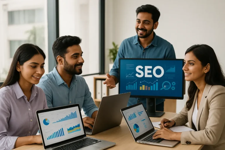 Indian digital marketing team discussing SEO strategies in office