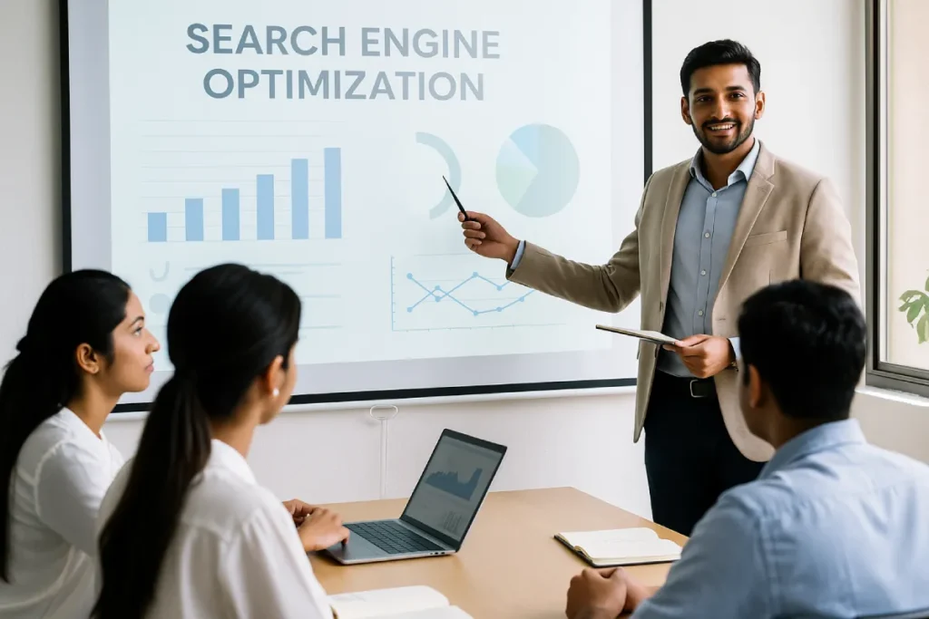 Indian professional presenting what is SEO and its meaning to a small team