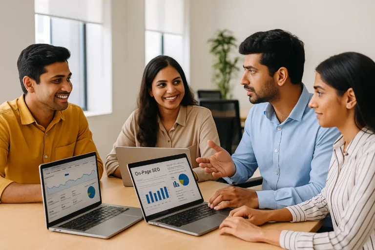 Digital marketing team discussing what is on-page SEO with keyword reports visible.