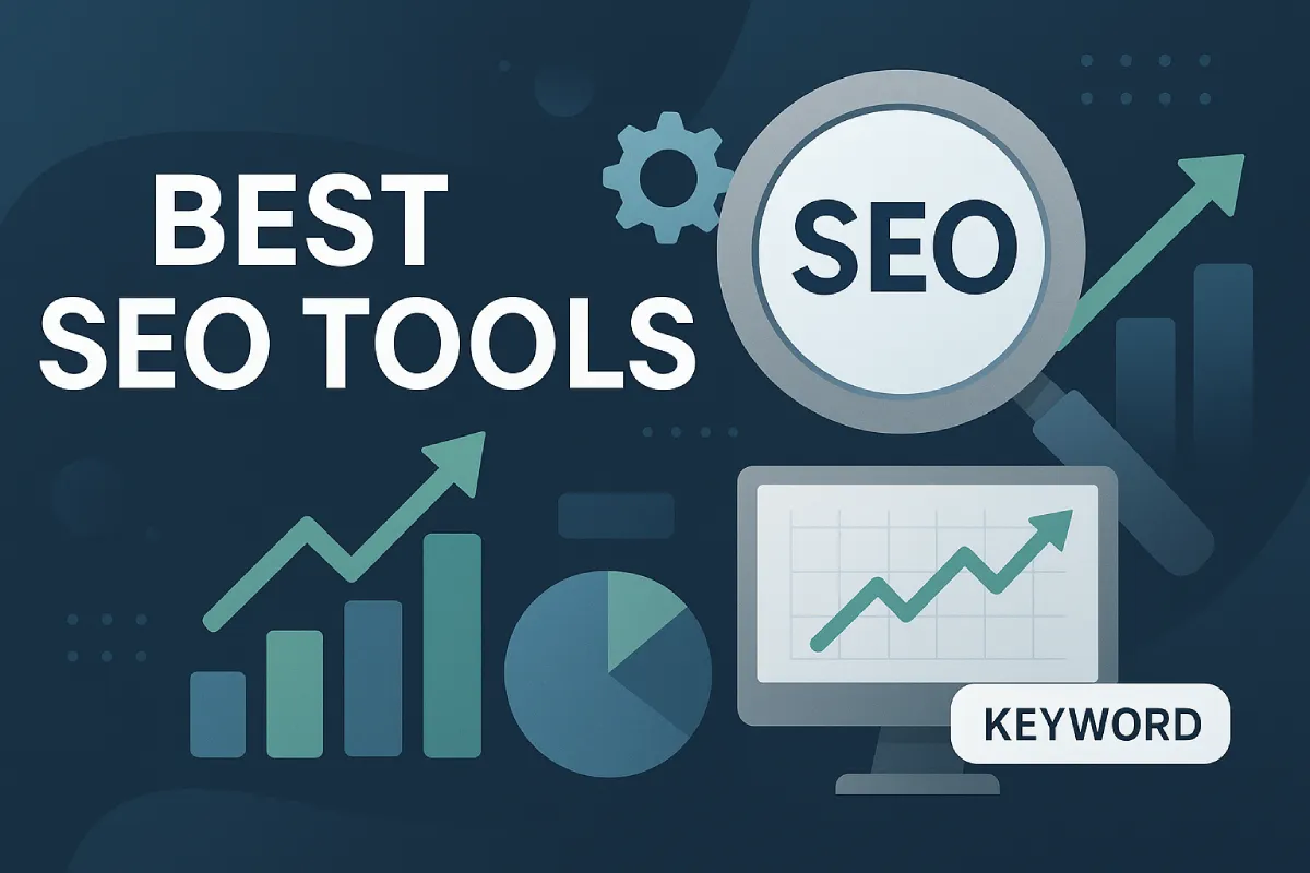 Best SEO Tools infographic with analytics icons and upward growth charts
