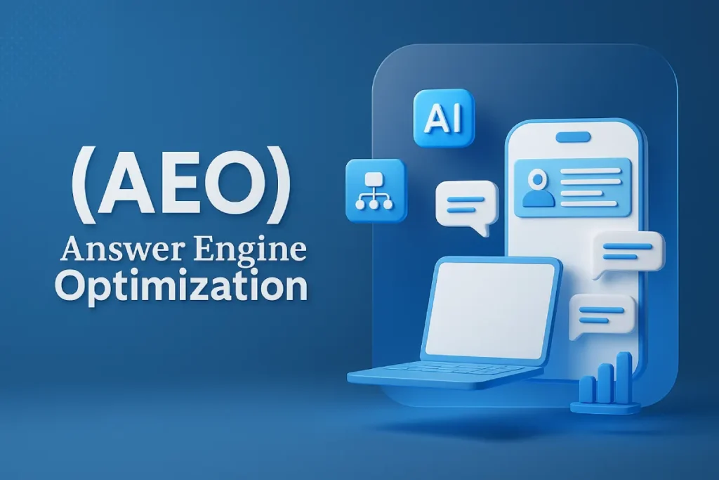 What is AEO (Answer Engine Optimization)UI with chat bubbles and structured data icons