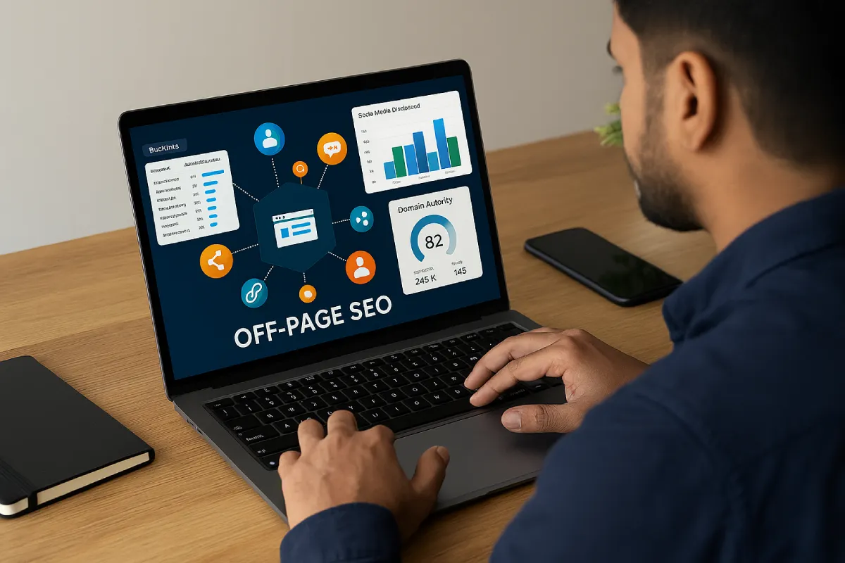 Indian professional working on a laptop analyzing backlink data, social media metrics, and domain authority for off-page SEO