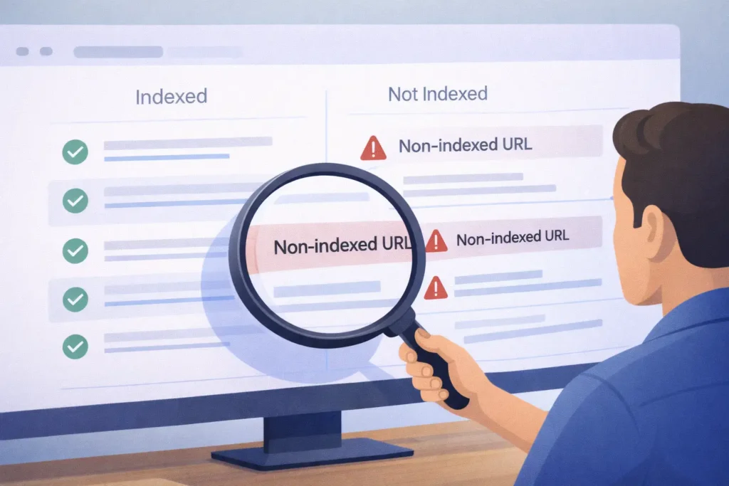 Marketer fixing Google Search Console indexing issues with warnings and checks