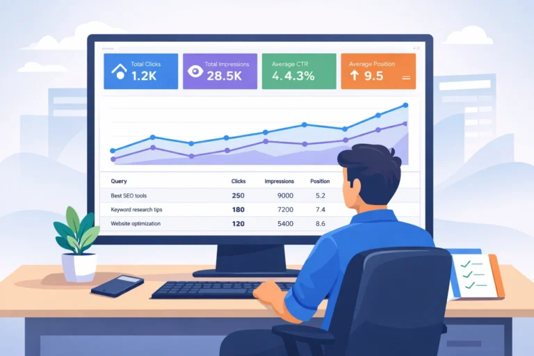 How to use Google Search Console hero showing marketer tracking clicks and impressions
