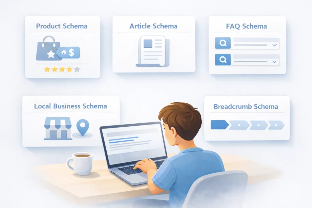 common schema markup types in SEO including product and FAQ