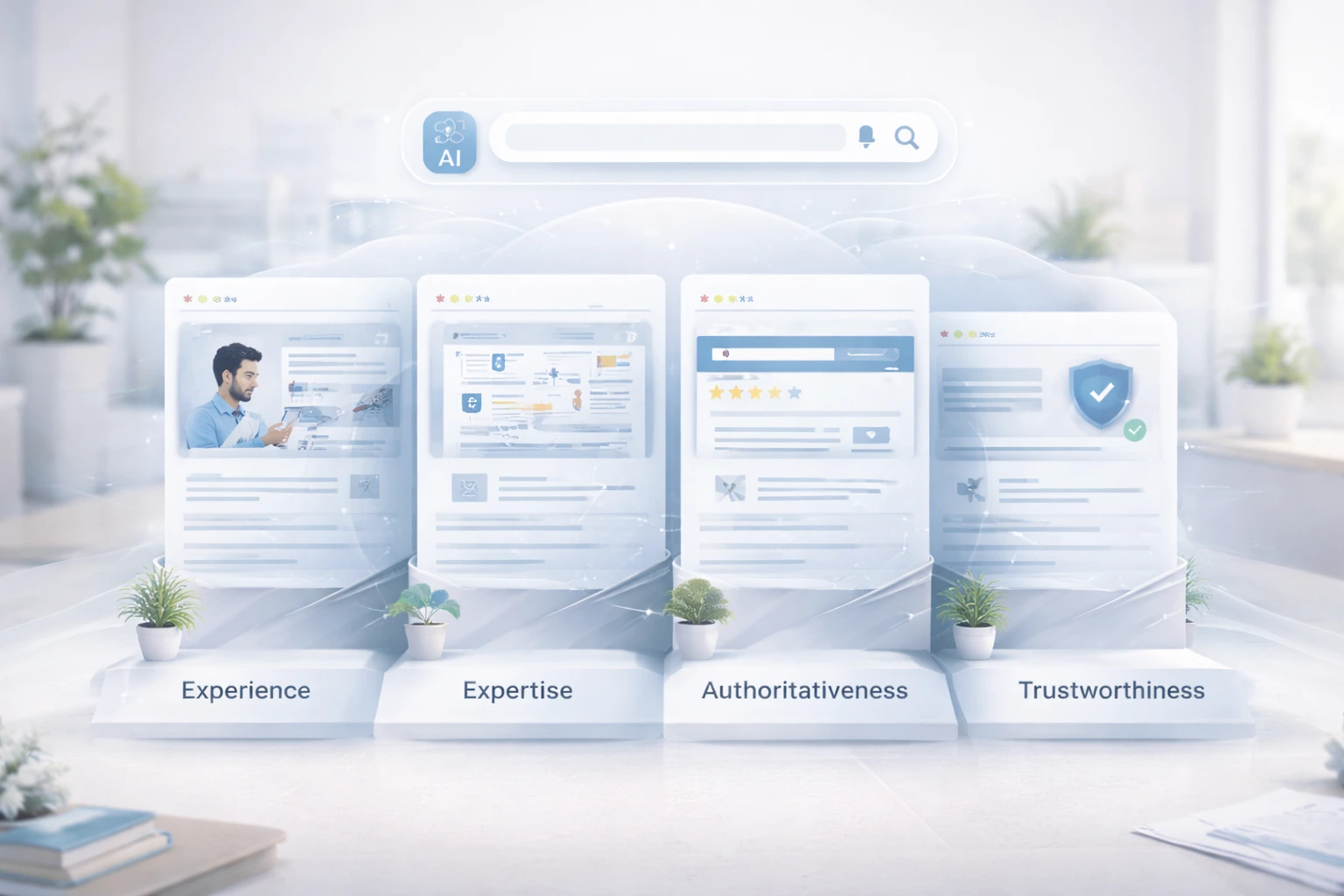 A premium hero image that introduces Google E-E-A-T as a complete trust and quality concept for SEO.