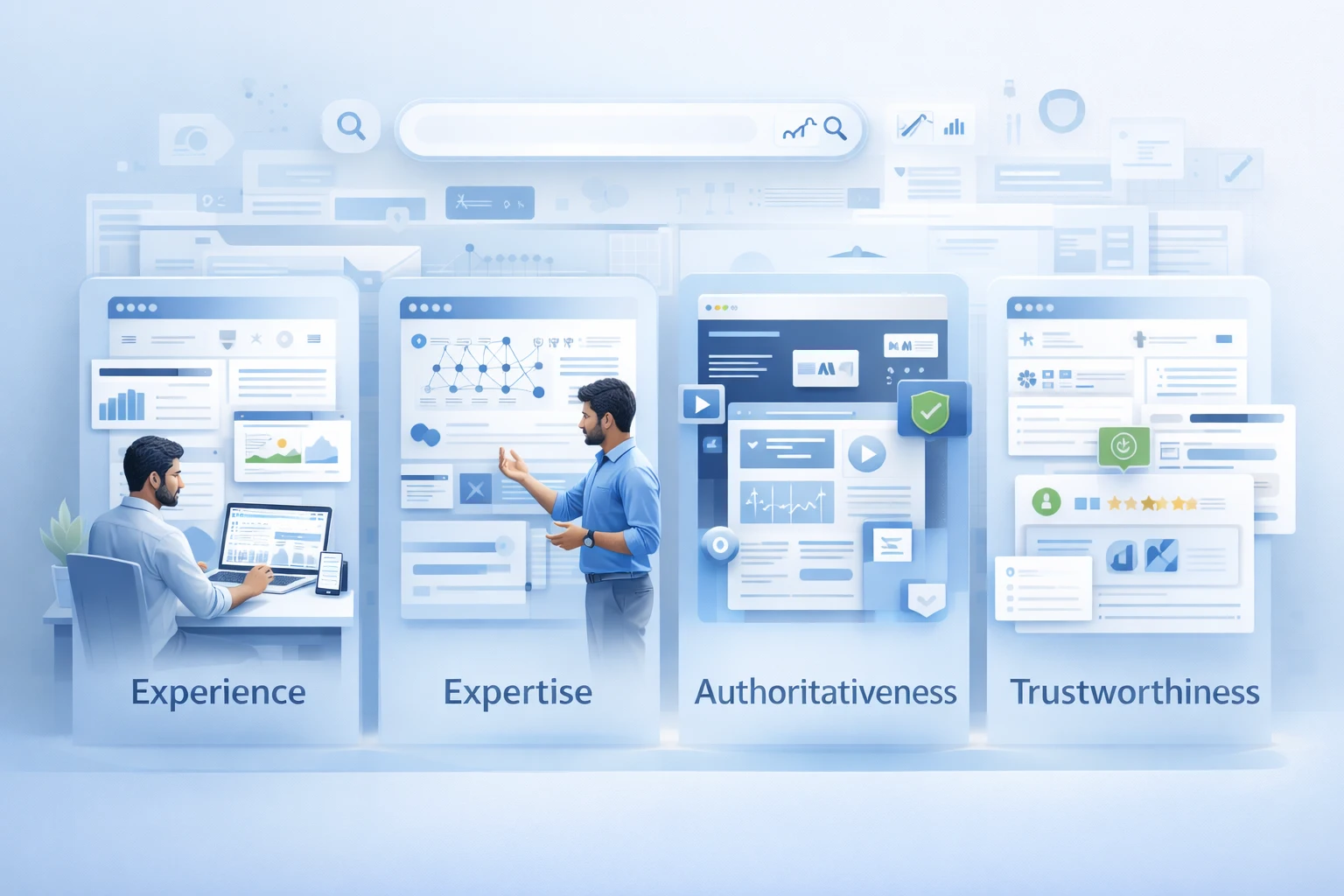 Google E-E-A-T in SEO concept with trust and authority visuals