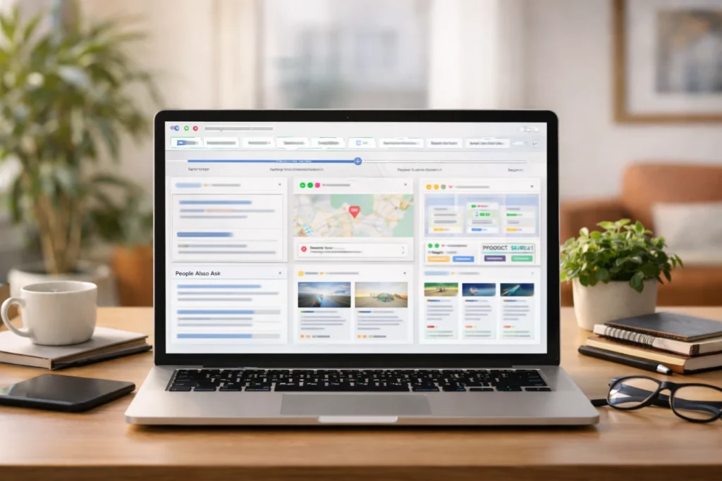 keyword search intent analysis on a blurred Google-style results screen