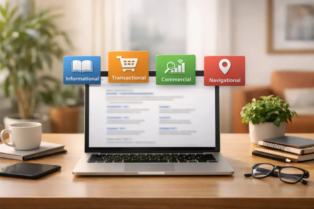 keyword intent in SEO shown on a premium search strategy workspace