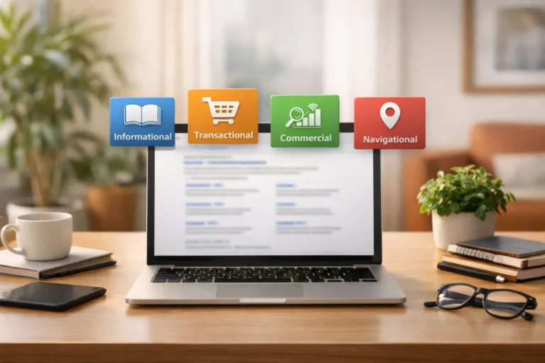 keyword intent in SEO shown on a premium search strategy workspace