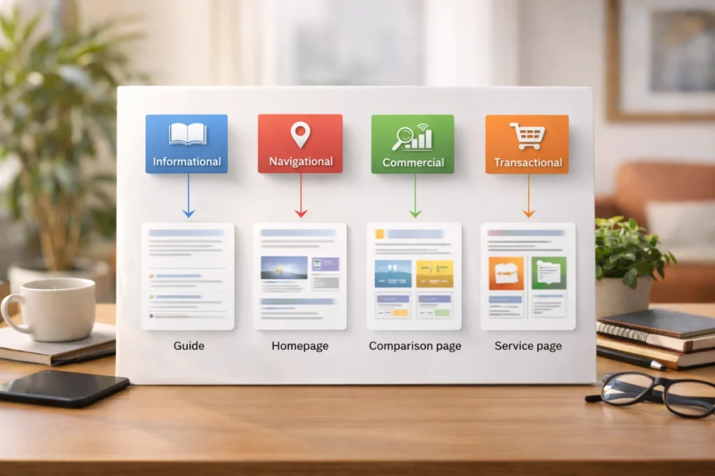 keyword intent mapped to content format in a clean SEO workflow visual
