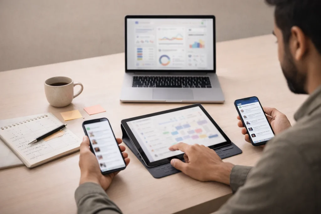 social media marketing tools on a clean workflow desk