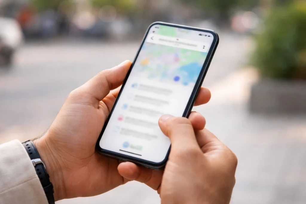  User exploring Google Maps new features with voice-style search
