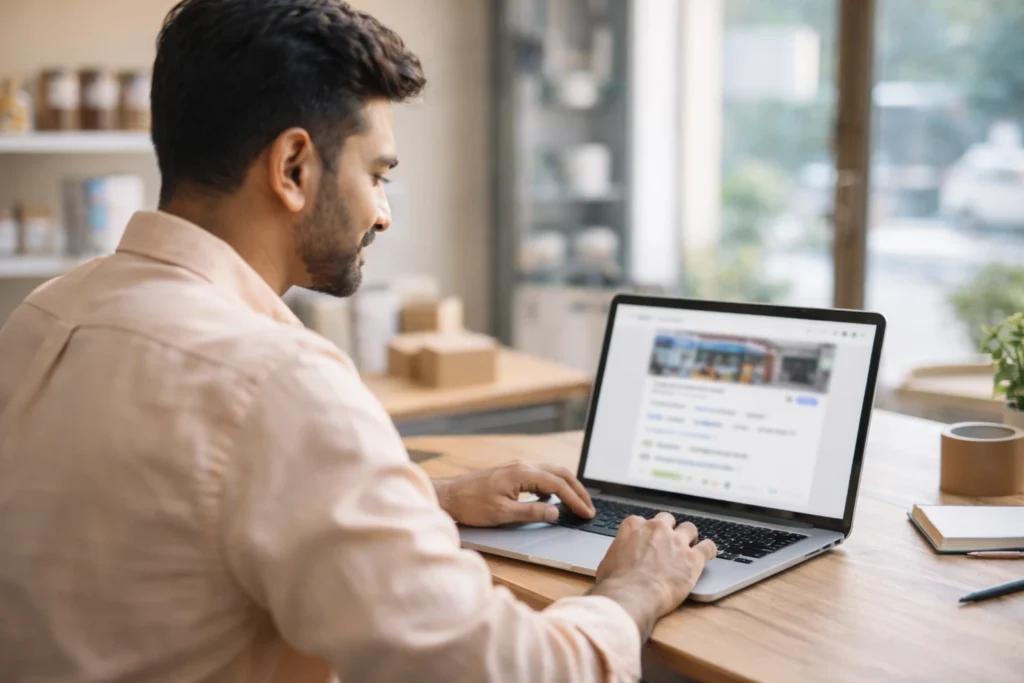  Business owner reviewing google maps updates for a local listing
