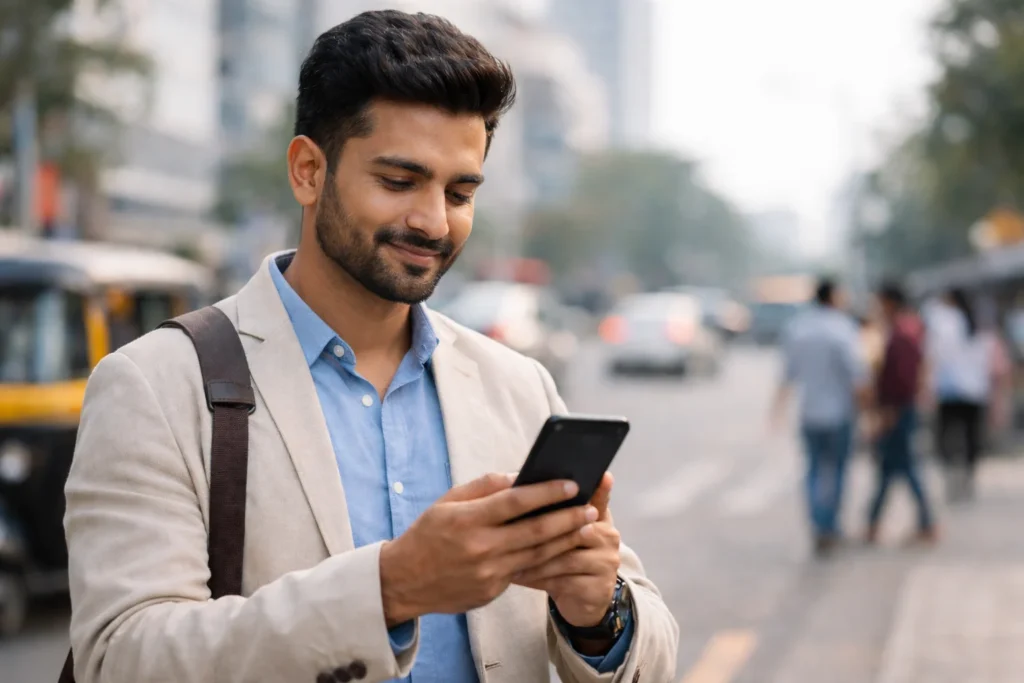 Person checking Google Maps updates on a phone in an Indian city