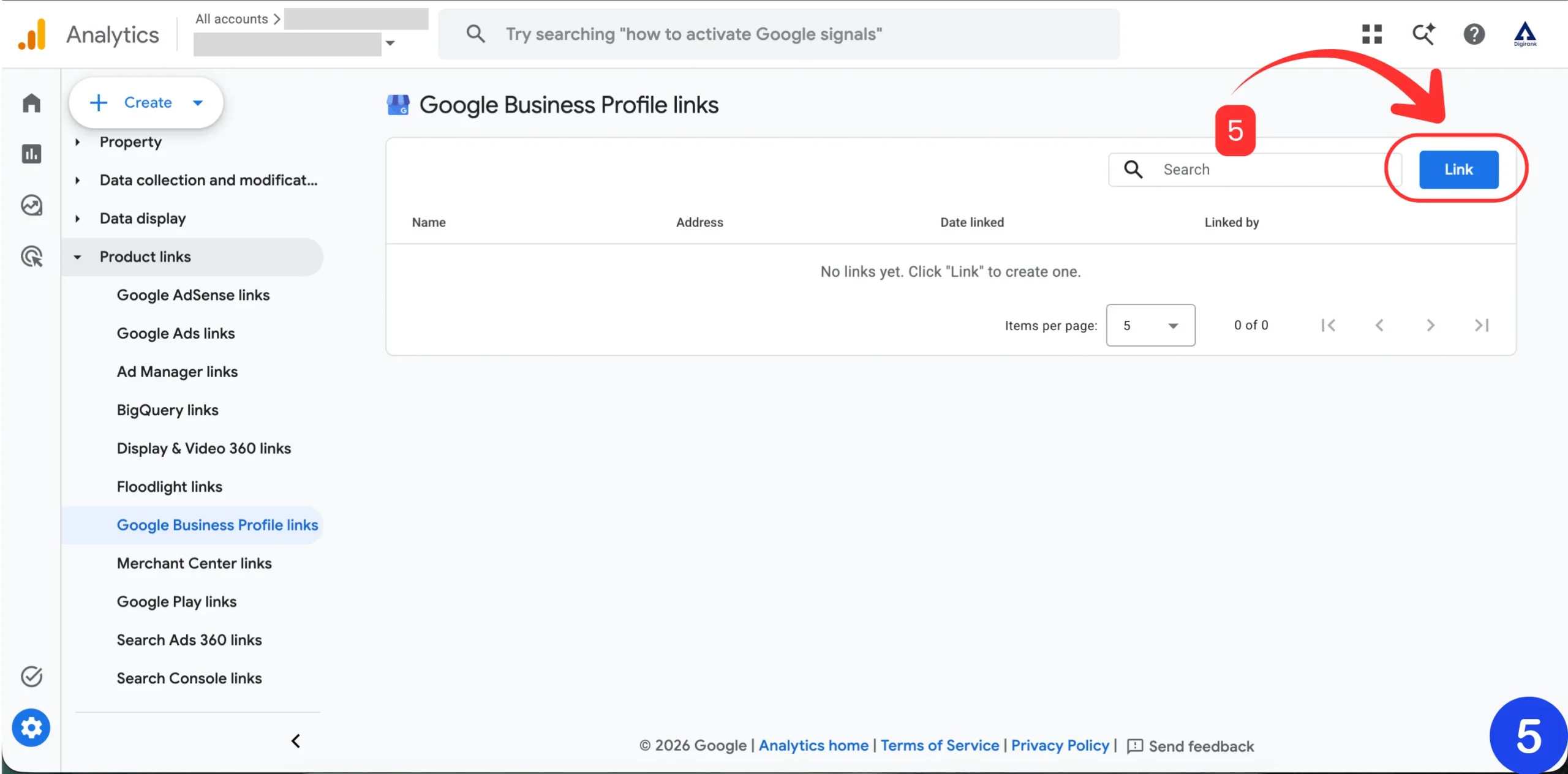 GA4 Google Business Profile links page with Link button