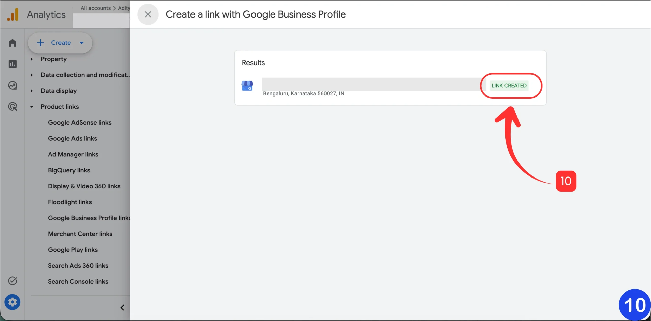 GA4 screen showing Google Business Profile link created status
