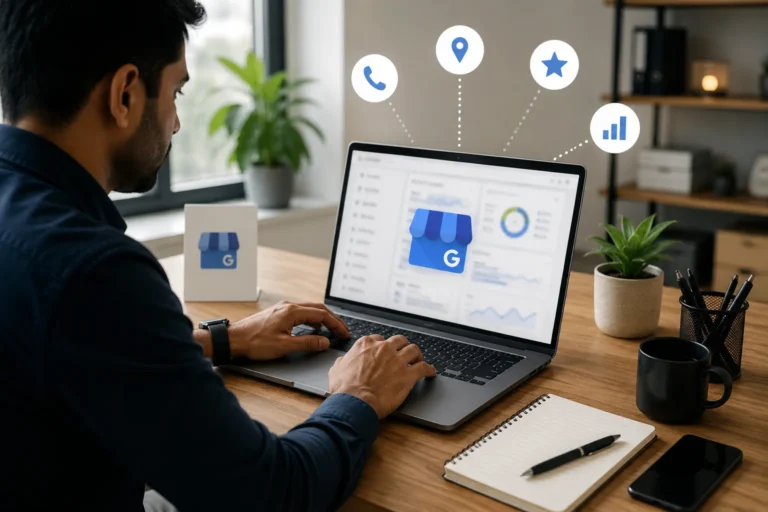 How to link Google Business Profile to GA4 on a blurred laptop screen