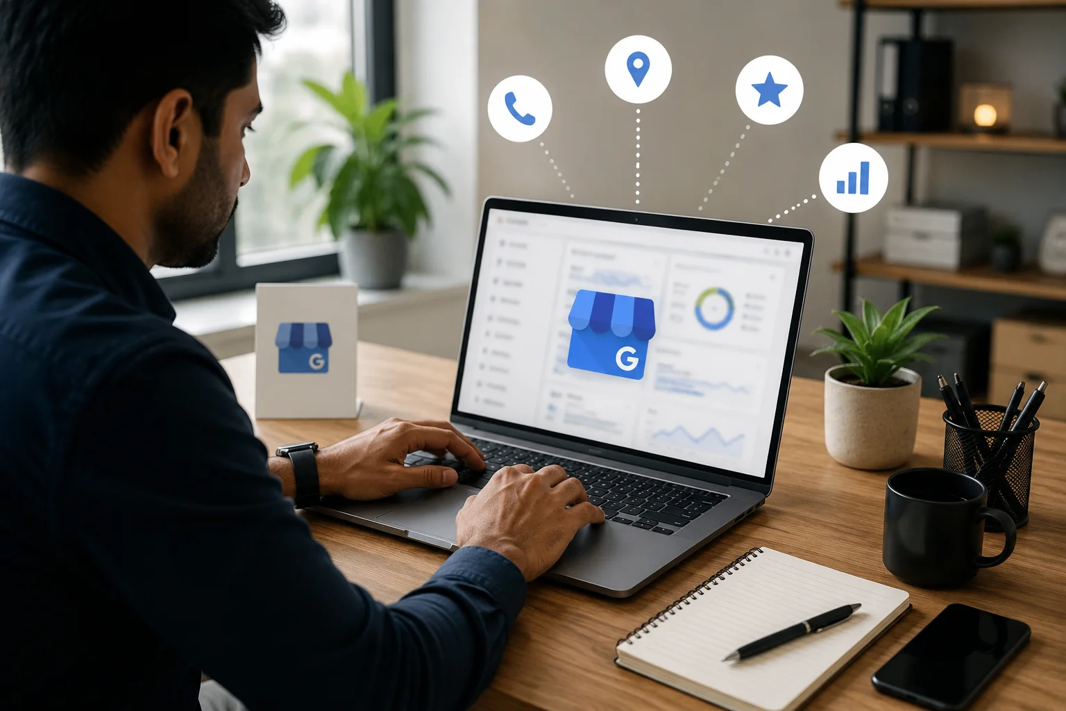 How to link Google Business Profile to GA4 on a blurred laptop screen