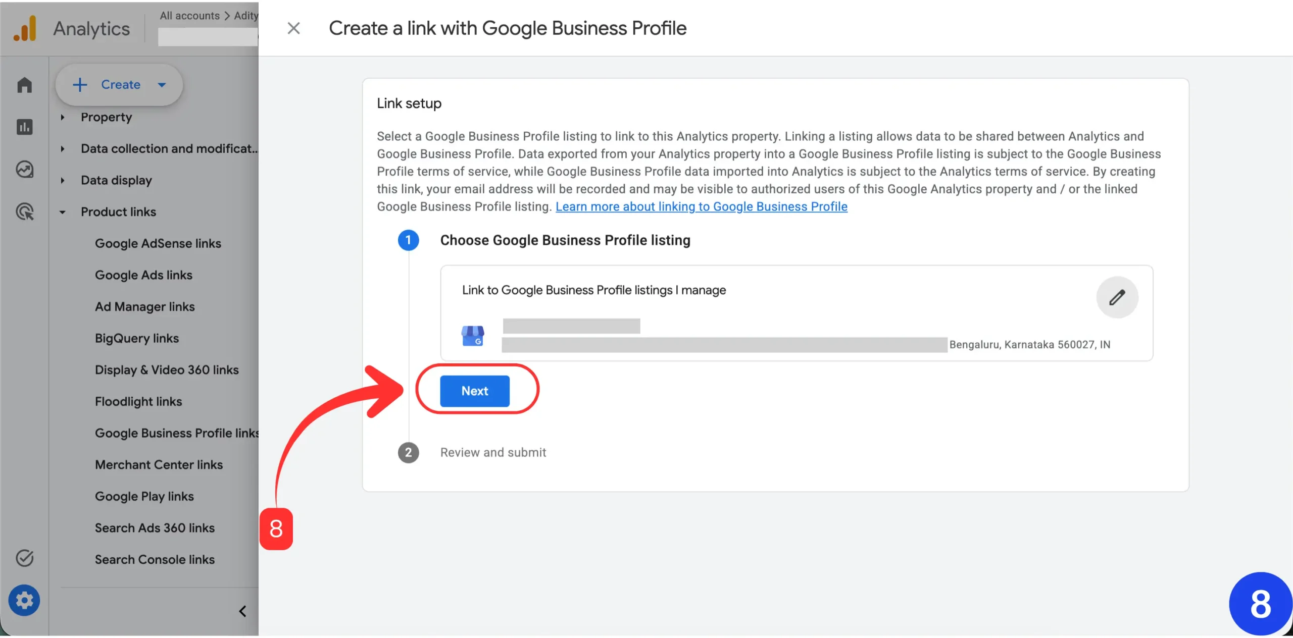 GA4 link setup screen showing selected Business Profile and Next button