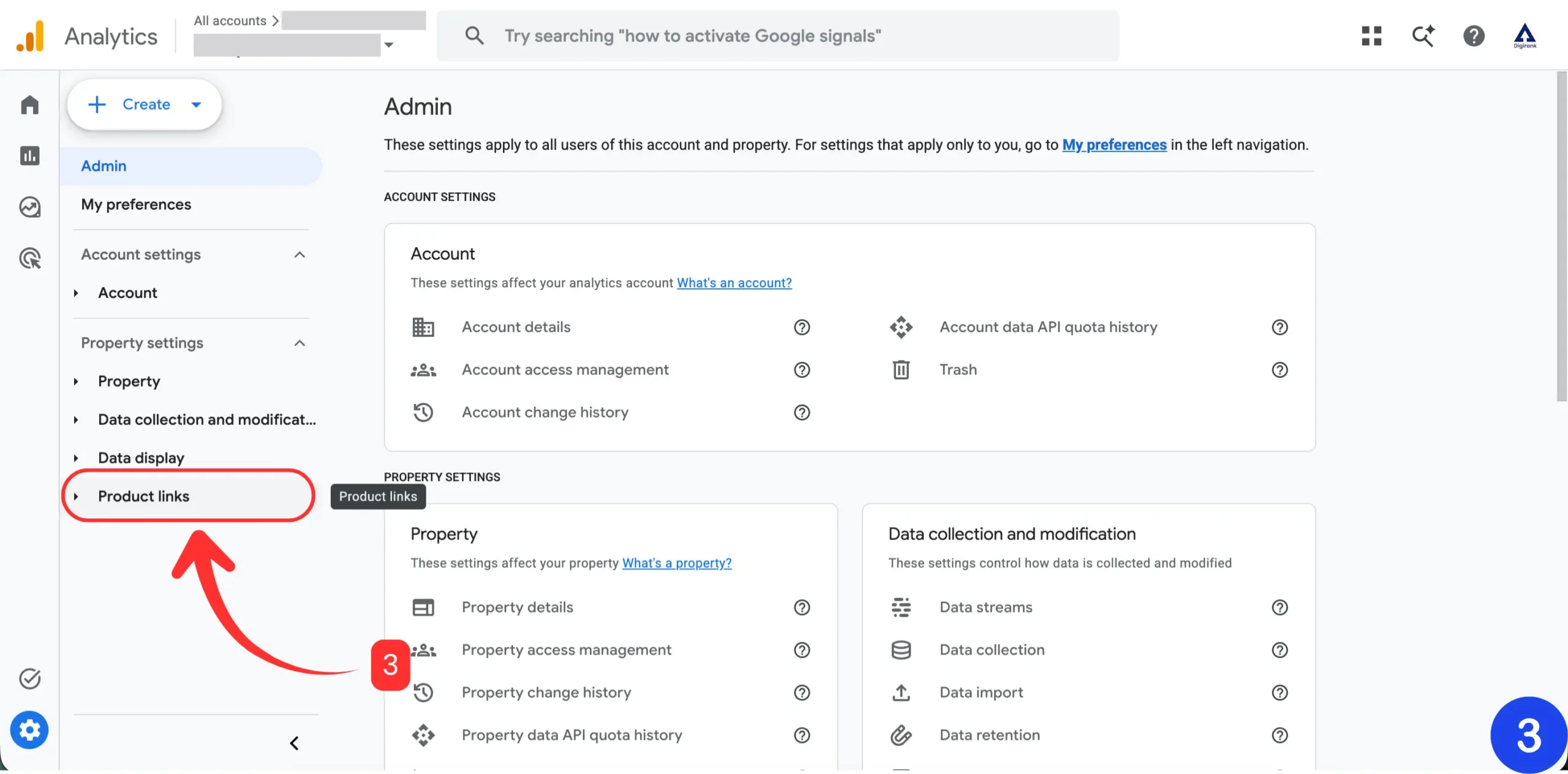 GA4 Admin panel showing Product links section
