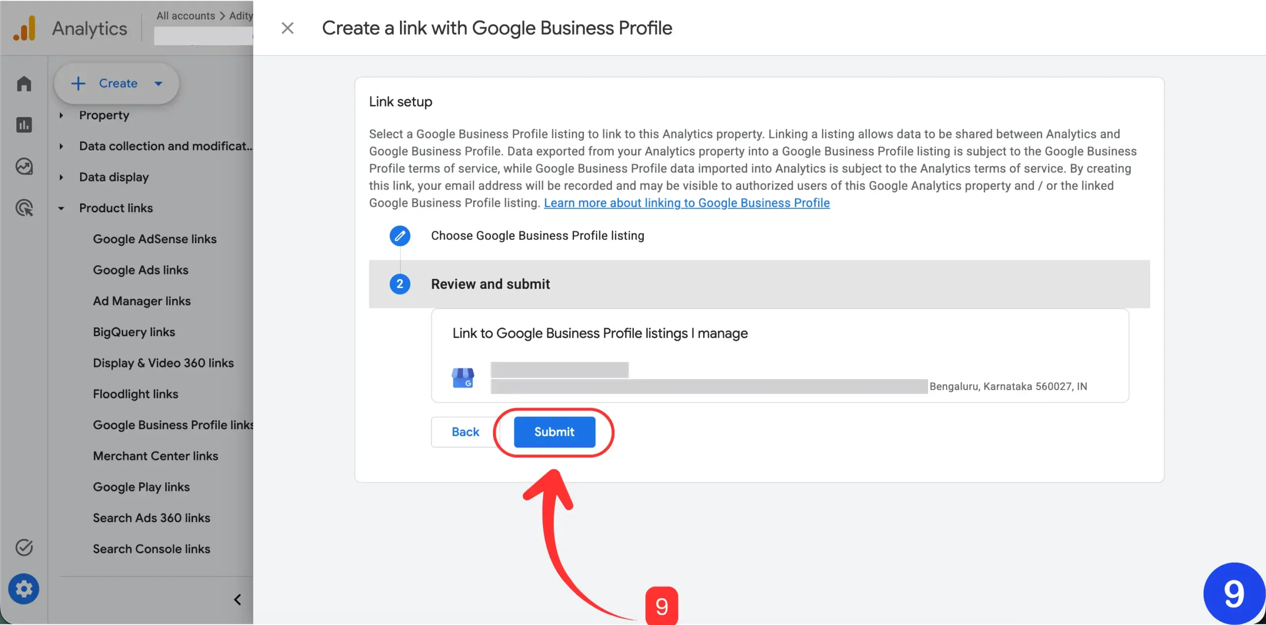 GA4 review screen showing Submit button for Business Profile link