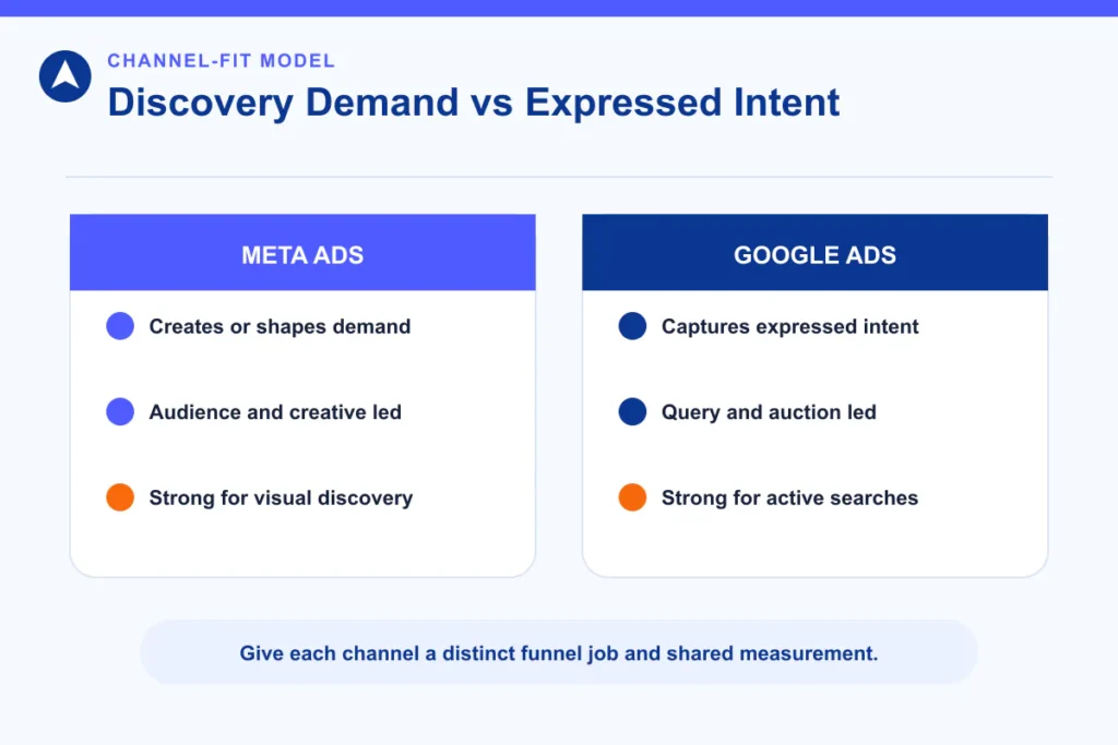 Comparison of Meta Ads discovery demand and Google Ads expressed search intent