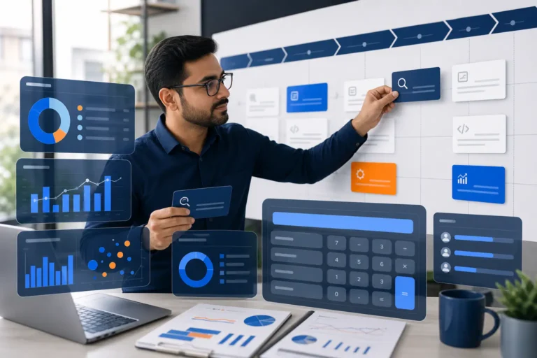 SEO cost planning dashboard showing scope, resources and reporting layers