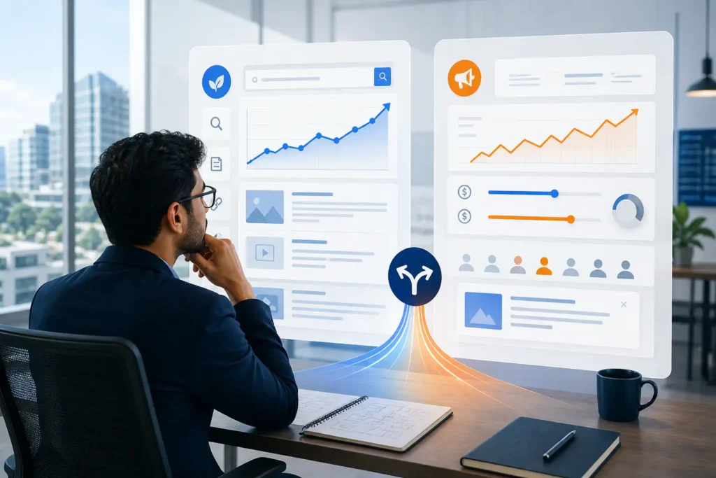SEO vs Google Ads decision framework showing organic and paid search pathways