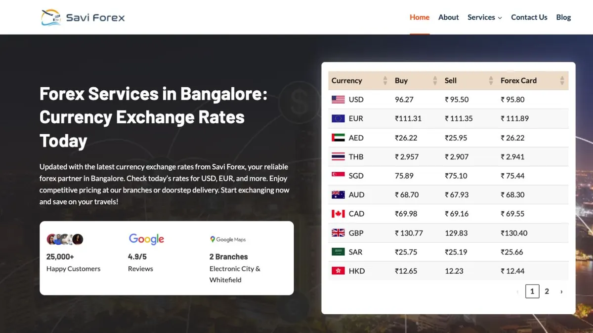 Savi Forex homepage showing live currency exchange rates and forex service information