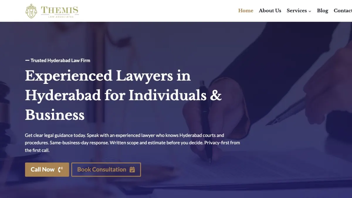 Themis Law Associates homepage presenting legal services and consultation options